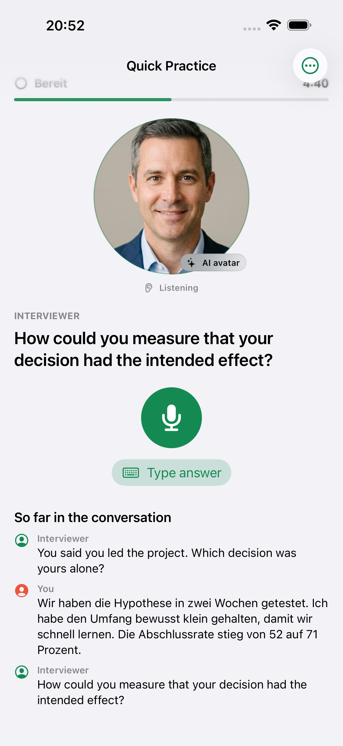Interview in progress with a visible AI avatar