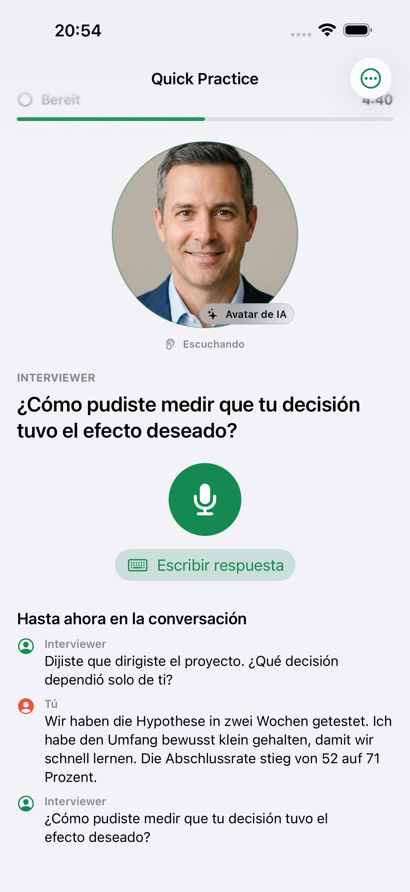 Entrevista en curso con un avatar de IA visible