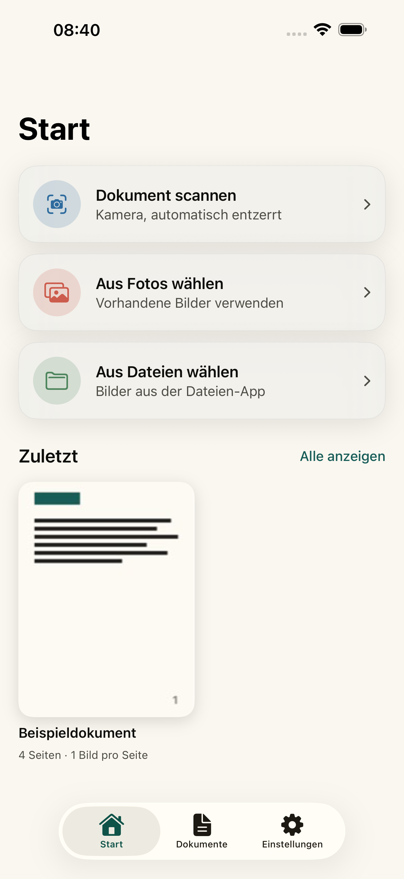 Start-Tab von Scan & Stack mit Scannen, Fotos und Dateien