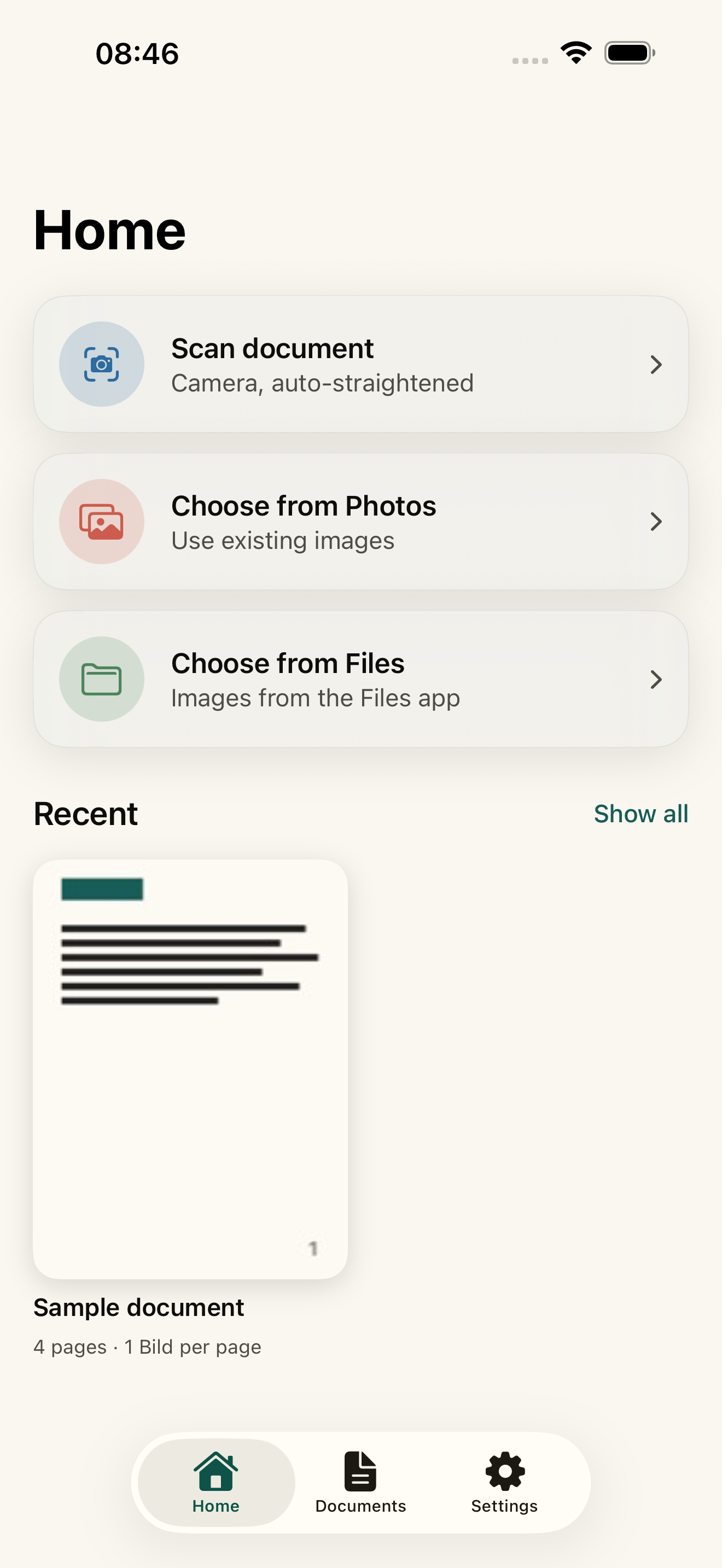 Scan & Stack home tab with Scan, Photos and Files