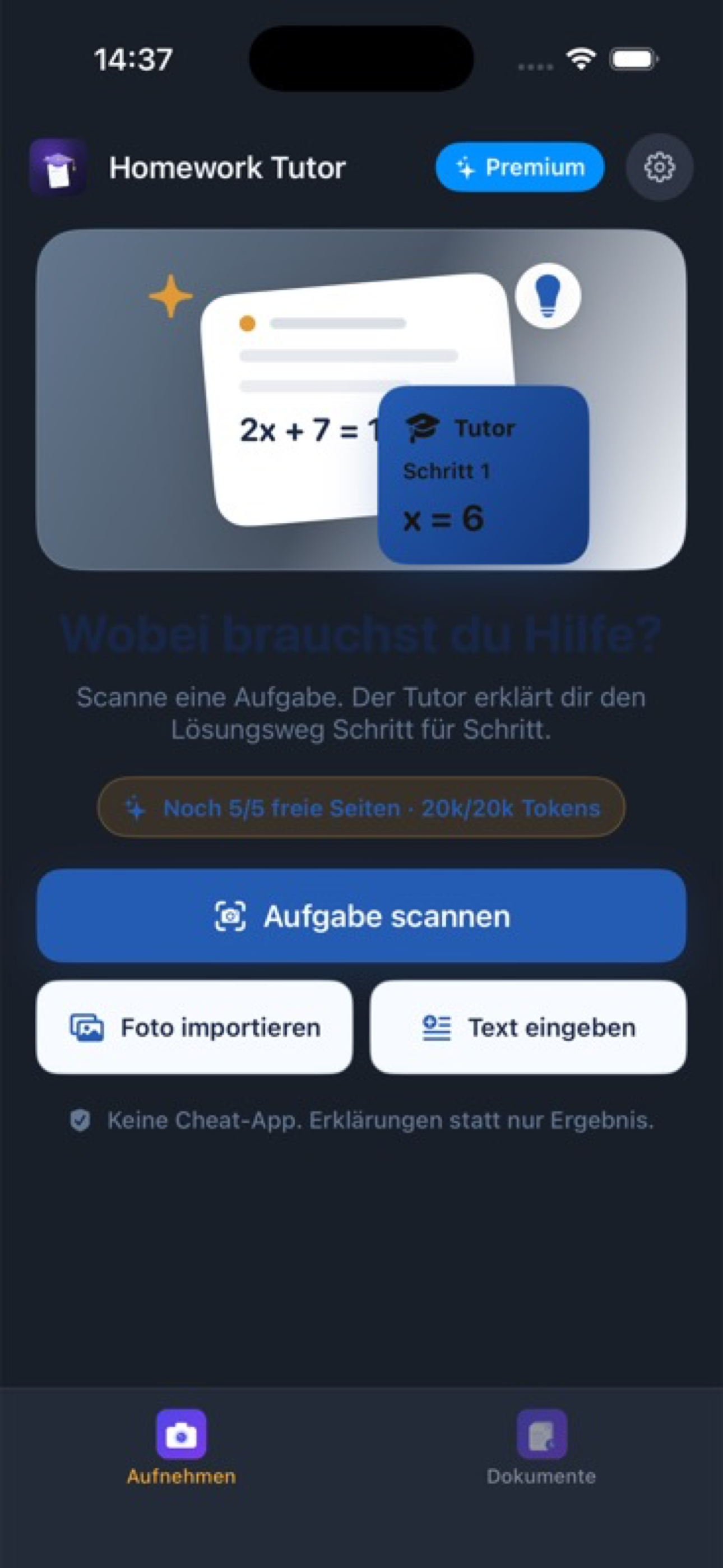 Startscreen von Homework Tutor